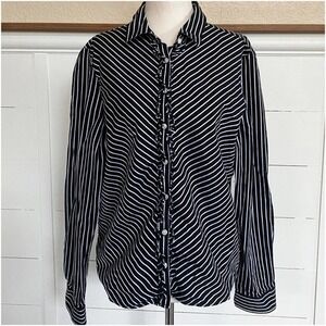 Tommy‎ Hilfiger Button Down Black and White Striped Ruffle Blouse sz 12
